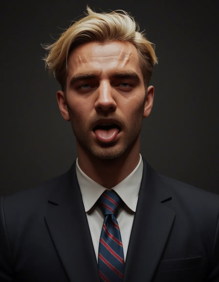 8k, sharp focus, detailed skin, male focus, blonde hair, necktie, ahegao, backlit, lifelike full_body, score_9, score_8, 3d render, octane render, subsurface scattering, ray tracing, smooth shading