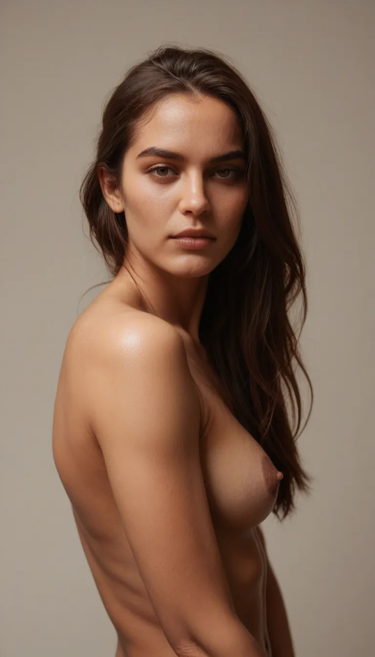 sharp focus, 8k uhd, plain beige background, ethnic malay woman, light brown skin, very slim build, no pubic hair, 20 years, 152 cm, 45 kg, straight long black hair, white tee shirt, blue jeans, white underwear, standing facing camera, full body visible, smilling, remove jeans, then remove tee shirt, then remove bra, then remove panties.