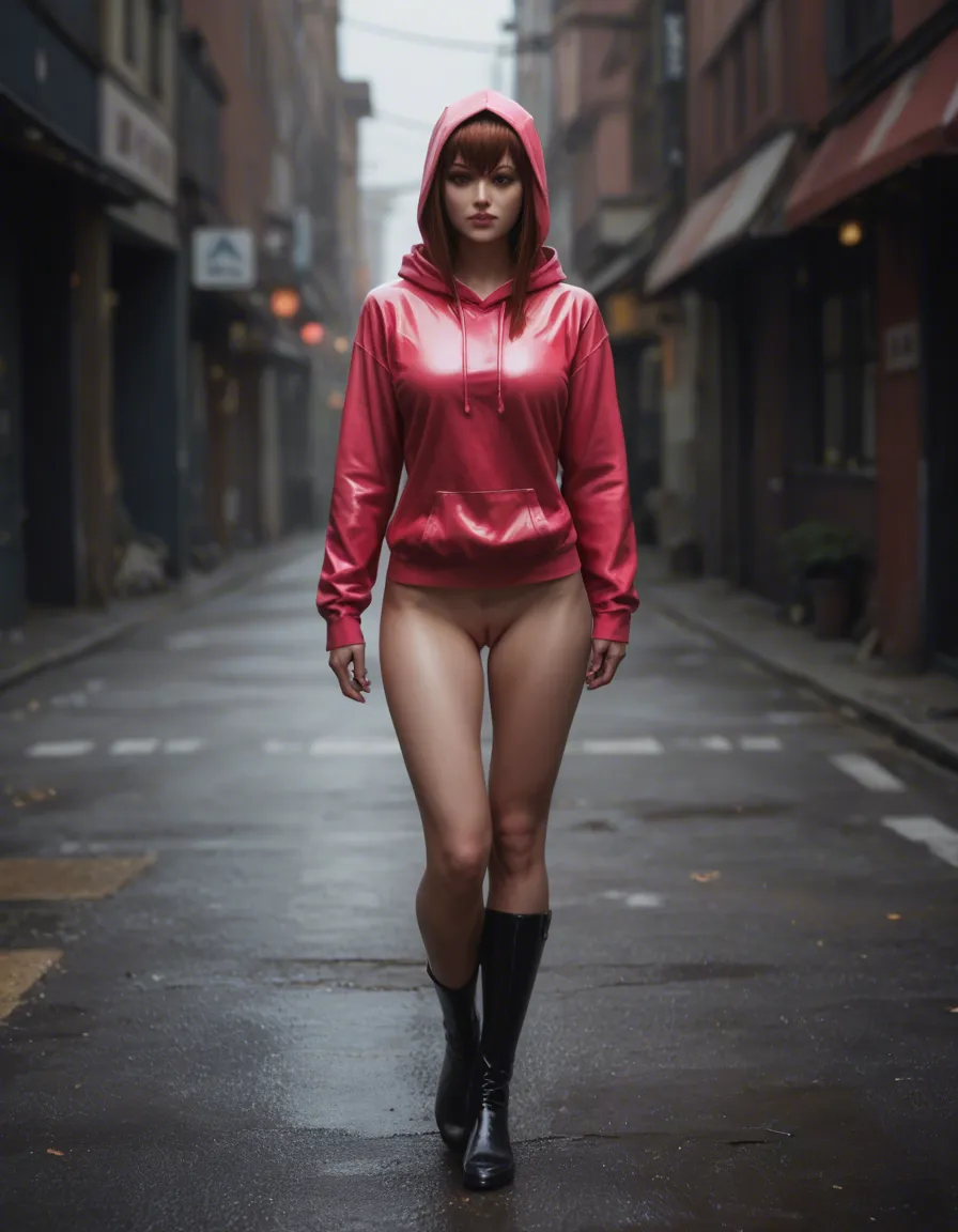 walking, spreading_own_pussy, @makise_kurisu, latex, pink_hoodie, score_9, score_8, candid photo, realistic skin texture, visible skin pores, film grain, depth of field