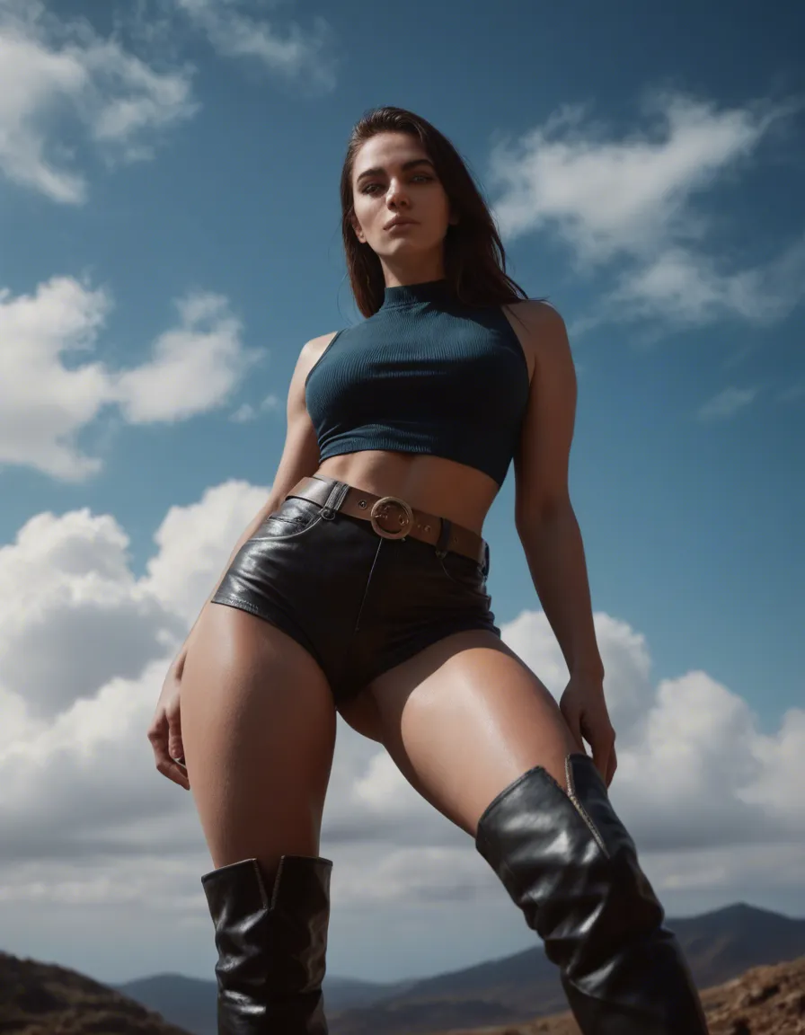 cinematic photo, 8k, solo female, thigh boots, belt, leg up, cloud, low angle, volumetric light, 8k uhd photo, score_9, score_8, candid photo, realistic skin texture, visible skin pores, film grain, depth of field