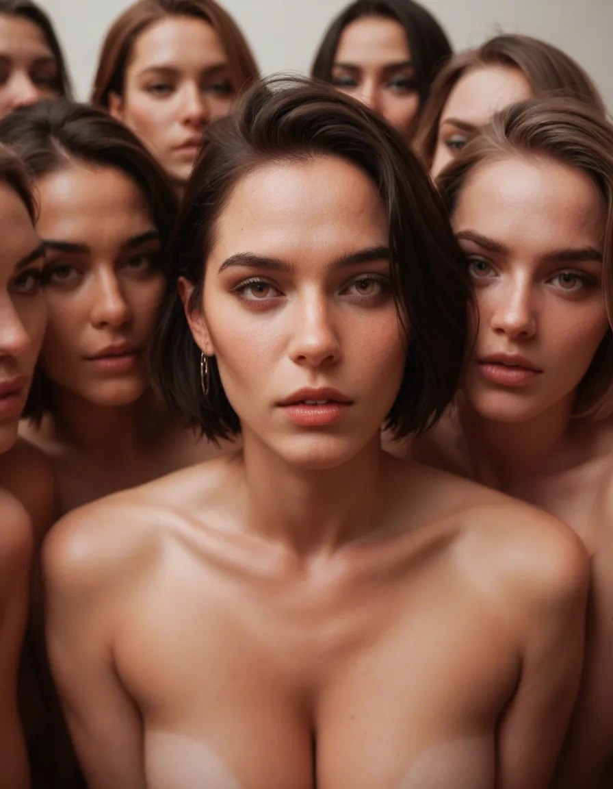 ultra HD, lifelike, 6+girls, short hair, heart, fully nude, rim light, 8k uhd photo, score_9, score_8, candid photo, realistic skin texture, visible skin pores, film grain, depth of field