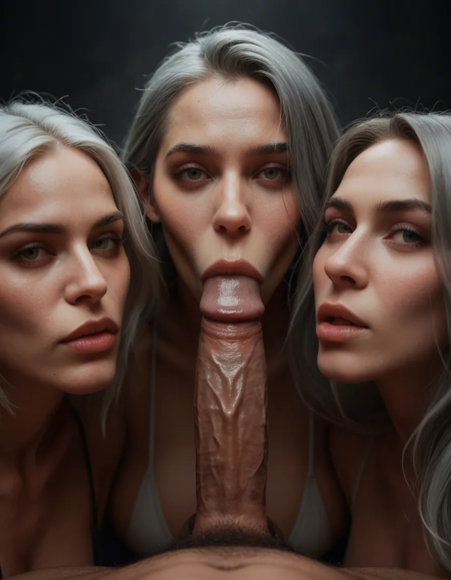 8k, sharp focus, detailed skin, 3girls, grey hair, official alternate costume, blowjob, moonlight, hyperrealistic, score_9, score_8, candid photo, realistic skin texture, visible skin pores, film grain, depth of field