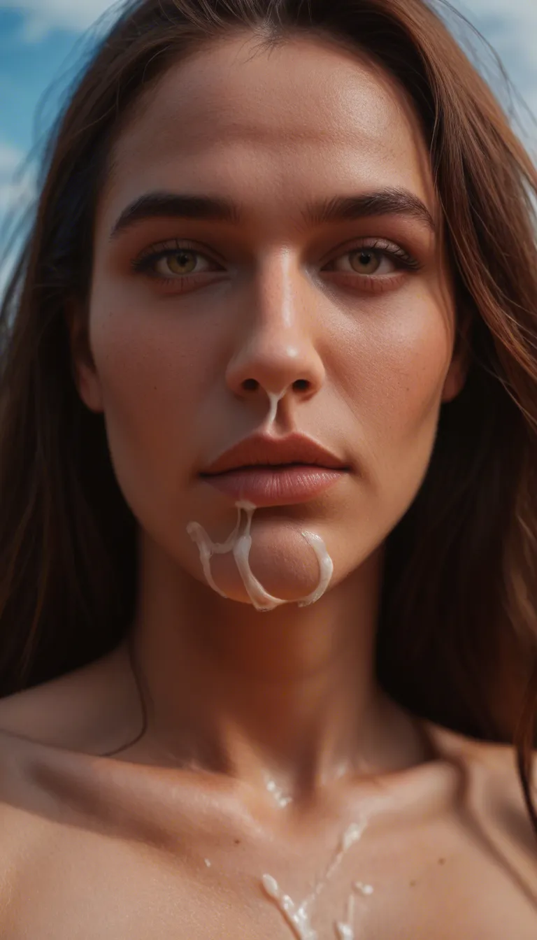best quality, hyperrealistic, close-up, demon woman, fully nude ed, barefoot, blue sky, cinematic realism, deep threesome oat, lots of cum_on_body