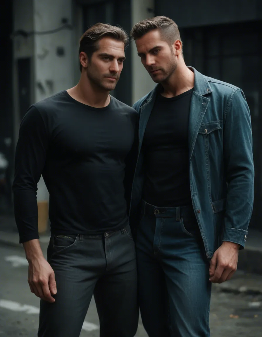 RAW photo, ultra realistic, 2boys, pants, leg up, cinematic realism, score_9, score_8, candid photo, realistic skin texture, visible skin pores, film grain, depth of field