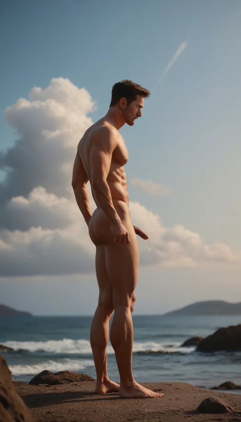 sharp focus, 8k uhd, full body, 1boy, creampie, bare arms, cloudy sky, photorealistic