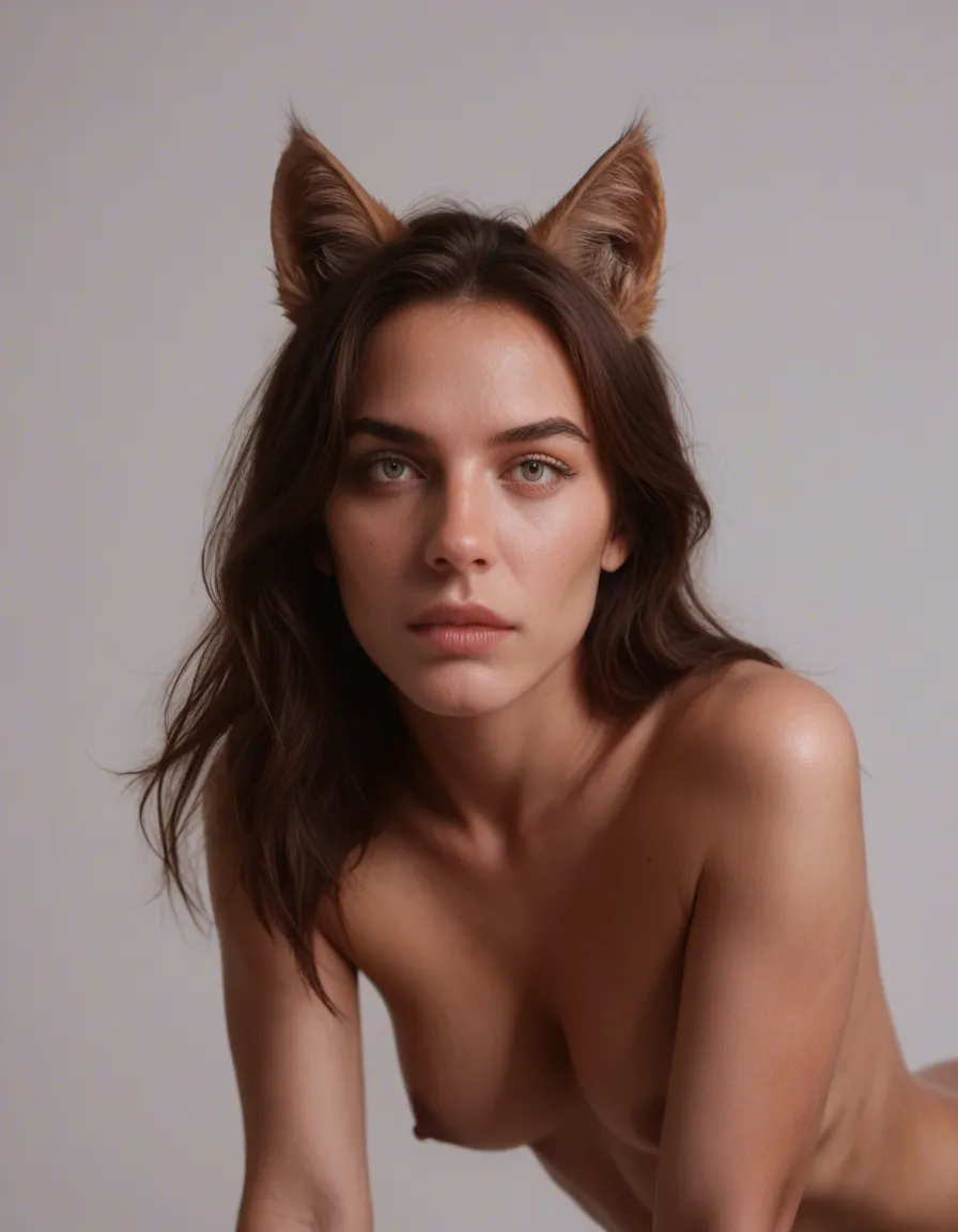 best quality, hyperrealistic, brunette woman, doggy style, animal ears, simple background, lustful eyes, lifelike render, score_9, score_8, candid photo, realistic skin texture, visible skin pores, film grain, depth of field