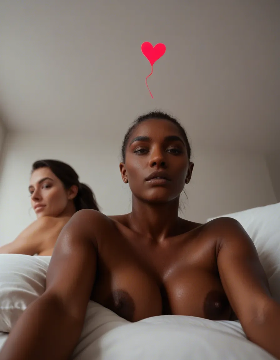 ultra HD, lifelike, multiple women, dark skin, heart, futanari, pillow, from below, hyperrealistic, score_9, score_8, candid photo, realistic skin texture, visible skin pores, film grain, depth of field
