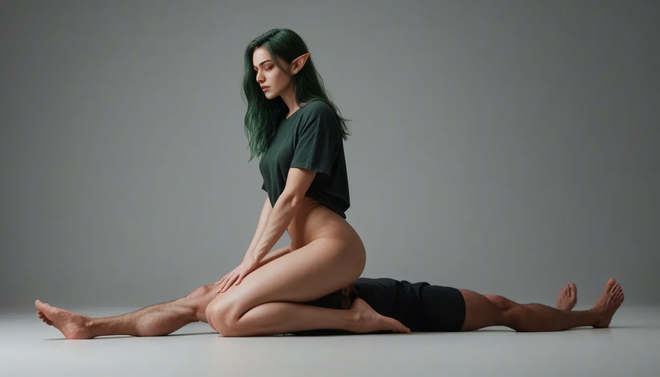 absurdres, highres, elf woman, green hair, shirt, facesitting, full body, studio anime look, score_9, score_8, candid photo, realistic skin texture, visible skin pores, film grain, depth of field