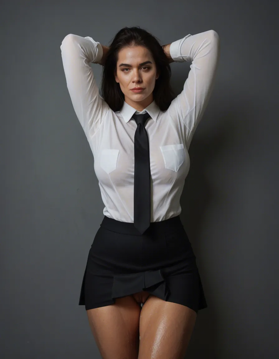 dslr, film grain, photorealistic, portrait, black_hair, dark-skinned_female, mature_female, wet pussy, arms up, dslr quality, black_necktie, white_shirt, skirt, score_9, score_8, candid photo, realistic skin texture, visible skin pores, film grain, depth of field