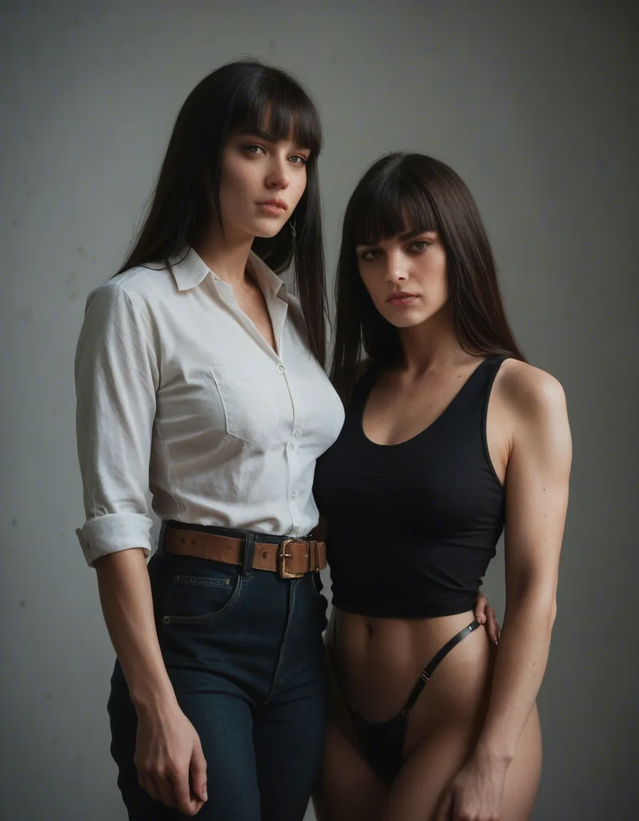 8k, sharp focus, detailed skin, 2women, blunt bangs, belt, futanari, 8k uhd photo, score_9, score_8, candid photo, realistic skin texture, visible skin pores, film grain, depth of field