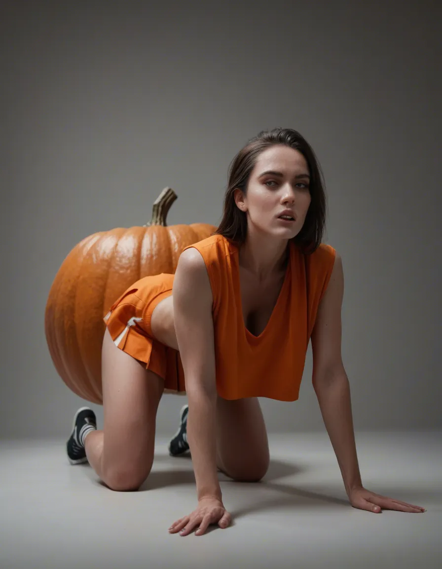 Real speed capture of big 36DD BLack cheerleader-type tits are fast and heavily bouncing on an oversized pumpkin while she is on all fours, score_9, score_8, candid photo, realistic skin texture, visible skin pores, film grain, depth of field