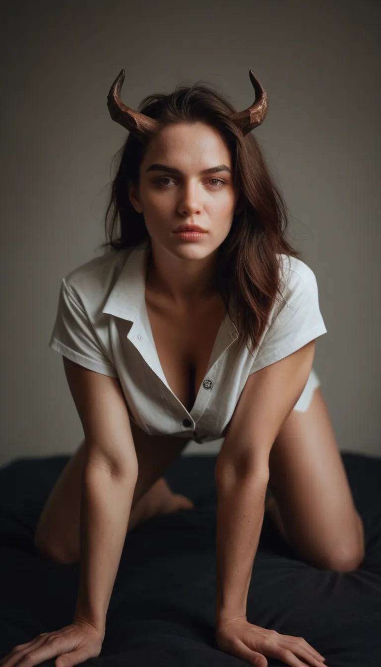 ultra HD, lifelike, succubus, on all fours, buttons, blurry background, relaxed mood, dslr quality, score_9, score_8, candid photo, realistic skin texture, visible skin pores, film grain, depth of field