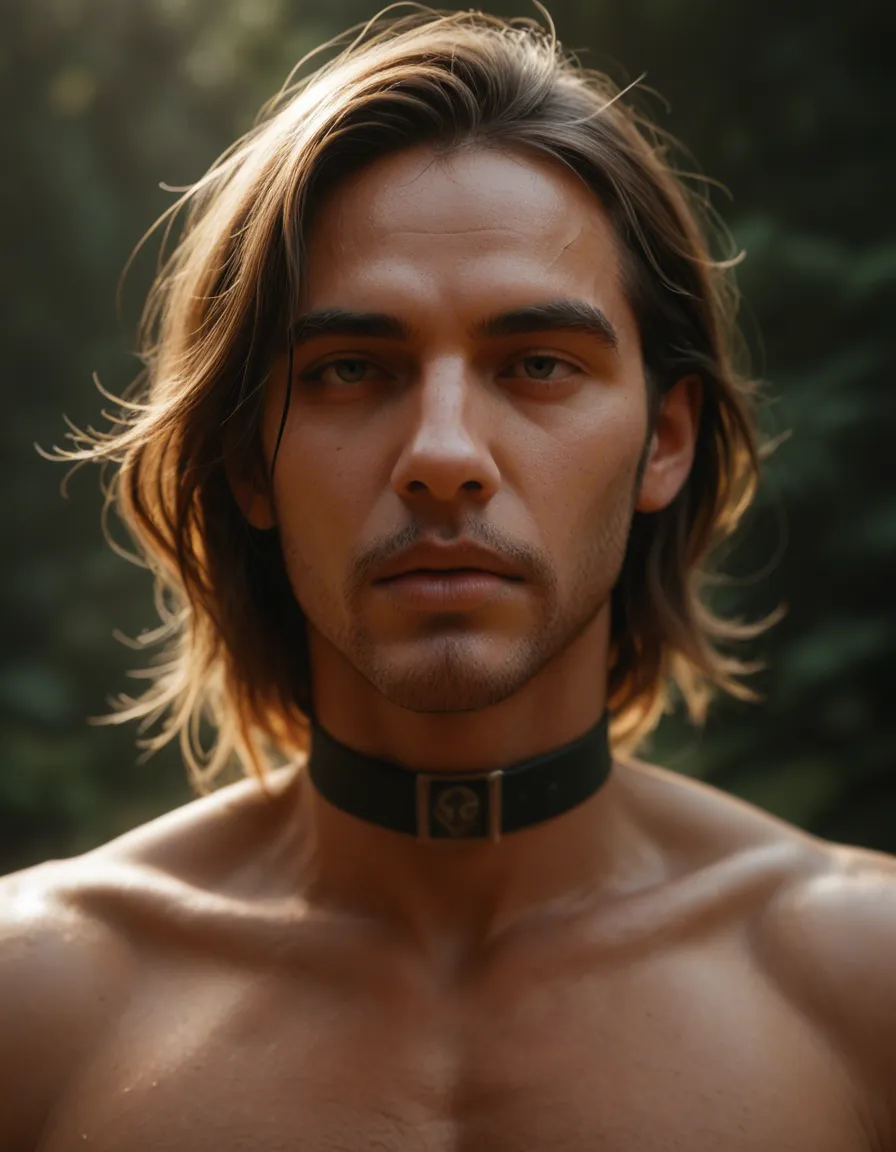 highly detailed, natural lighting, male focus, choker, presenting, lifelike render, score_9, score_8, candid photo, realistic skin texture, visible skin pores, film grain, depth of field