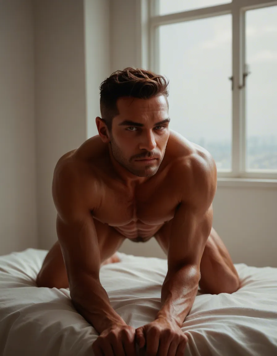 best quality, hyperrealistic, succubus, muscular male, frills, on all fours, window, portrait, golden hour, natural skin texture, score_9, score_8, candid photo, realistic skin texture, visible skin pores, film grain, depth of field