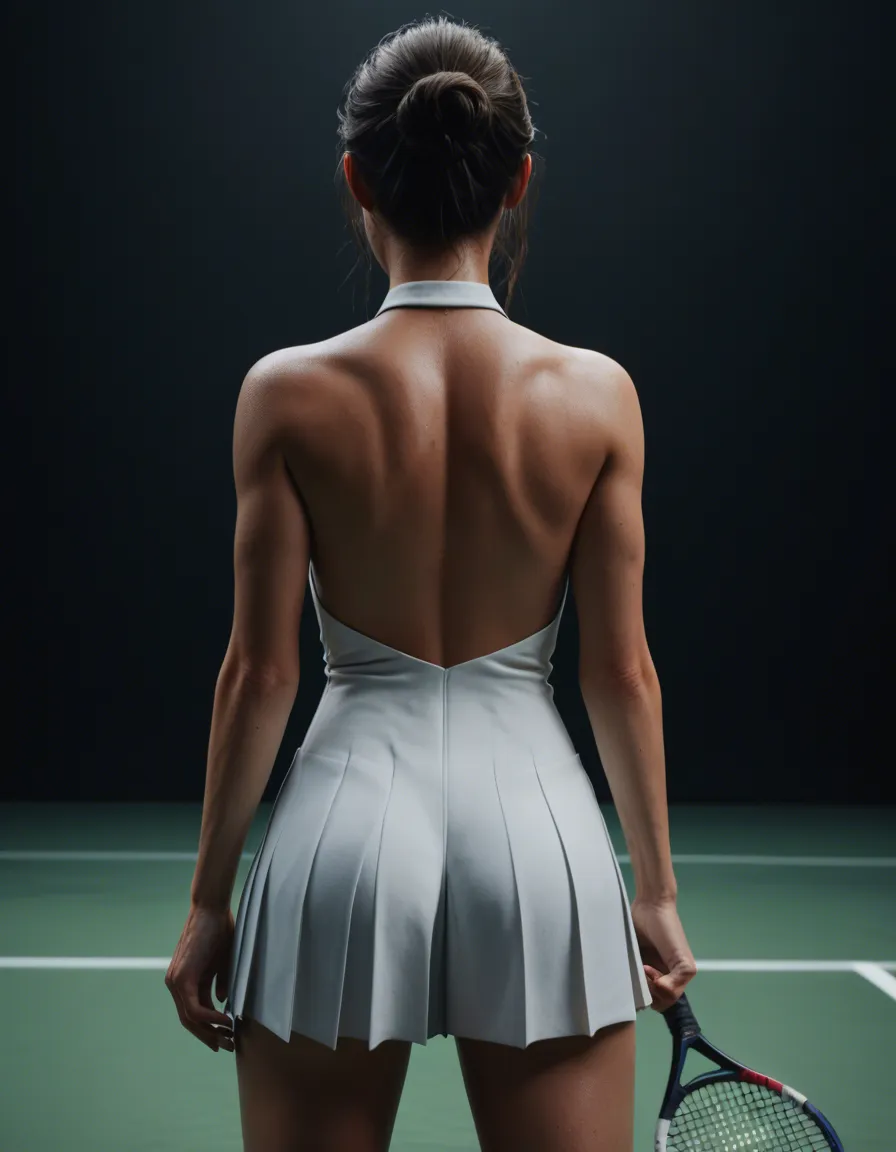 woman on tennis court, short white pleated_dress , facing away. Hand hand lifts dress hem to show naked ass ,, score_9, score_8, 3d render, octane render, subsurface scattering, ray tracing, smooth shading