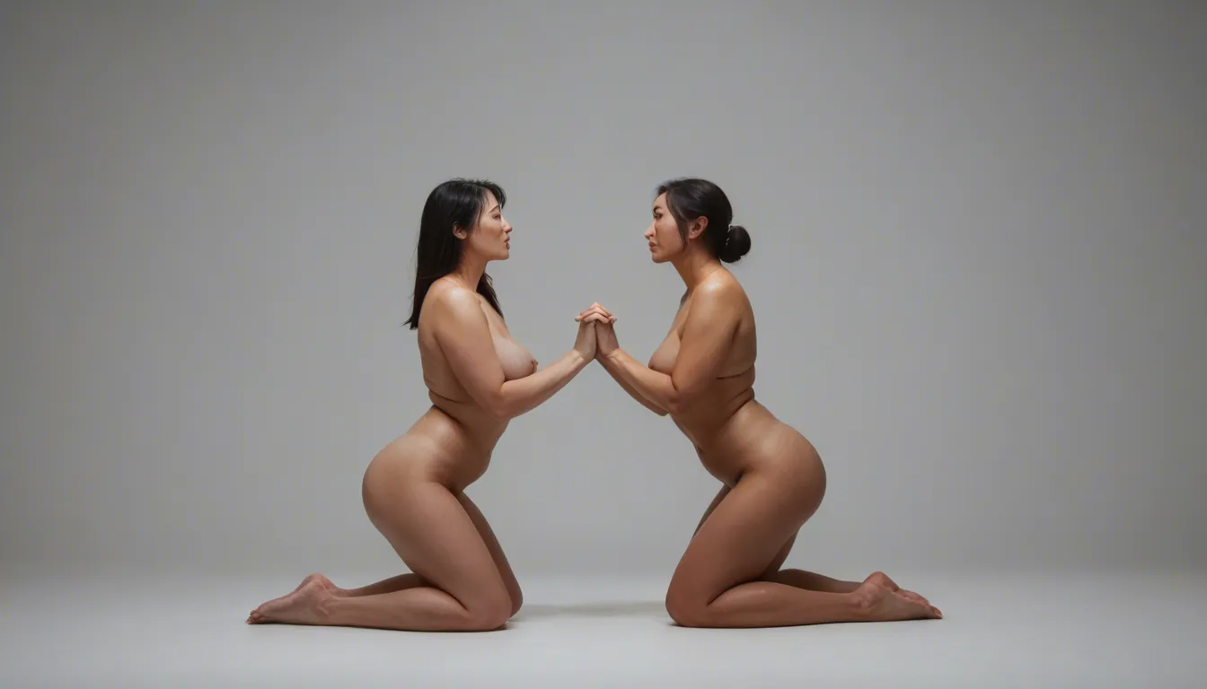 two plump asian women raising each others arms in the air, interlocked_fingers, kneeling