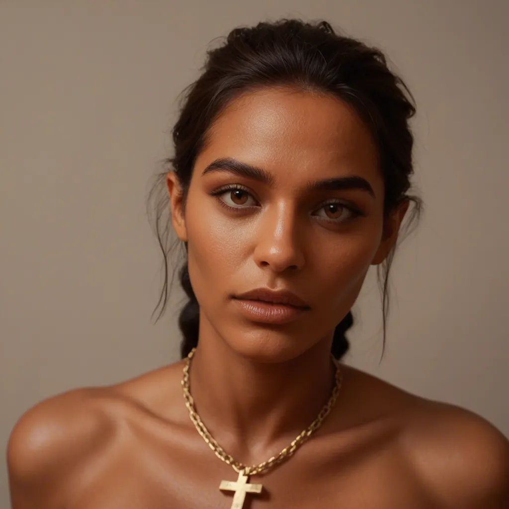 47 y o skinny indigenous latina, bare shoulders, showing her face and big chests, watching the camera, small chain with a small crucifix on neck, next to her mom, score_9, score_8, candid photo, realistic skin texture, visible skin pores, film grain, depth of field