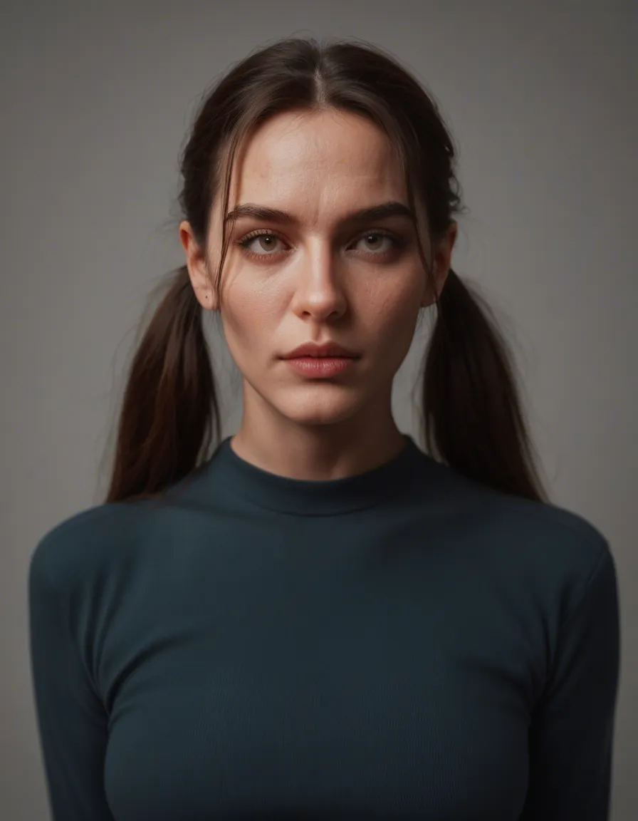 sharp focus, 8k uhd, mature female, twintails, long sleeves, presenting, lifelike render, score_9, score_8, candid photo, realistic skin texture, visible skin pores, film grain, depth of field