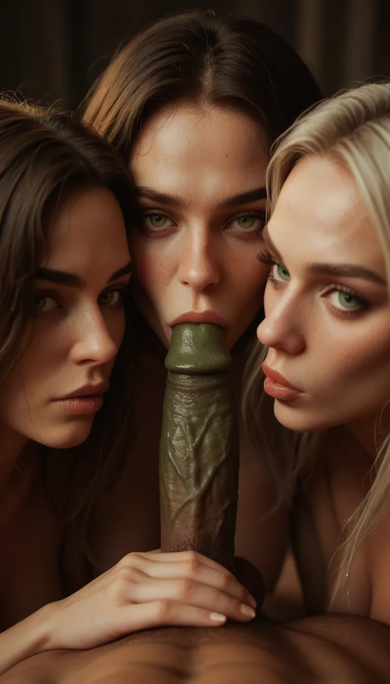 beautiful elf woman, 3women, (varied hair color and style, ethnicity:1.2), kneeling close, sucking an orcs big green cock, sucking balls, blowjob, eager focused expression, cheeks hollowed, eyes looking up at orc, detailed face, soft lighting
