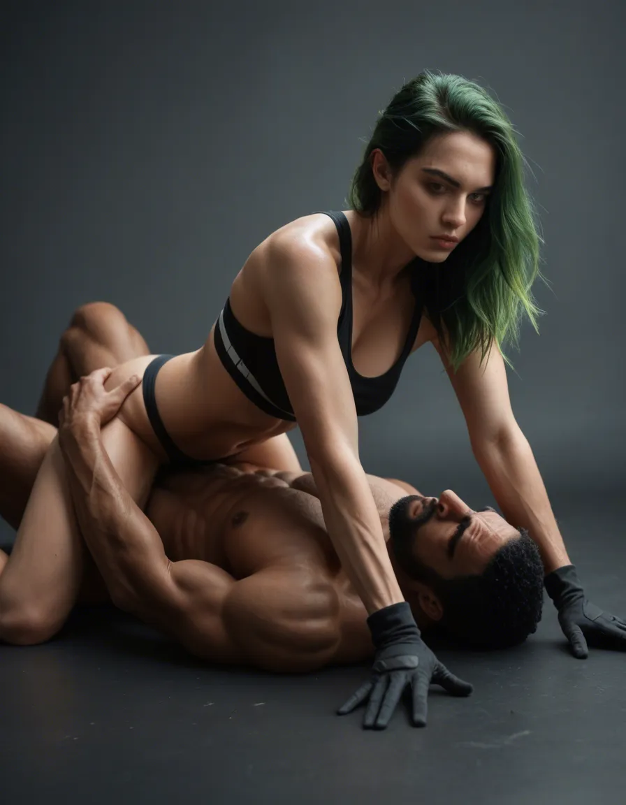 RAW photo, ultra realistic, fitness model, japanese, green hair, black gloves, 69 position, film photography, score_9, score_8, candid photo, realistic skin texture, visible skin pores, film grain, depth of field