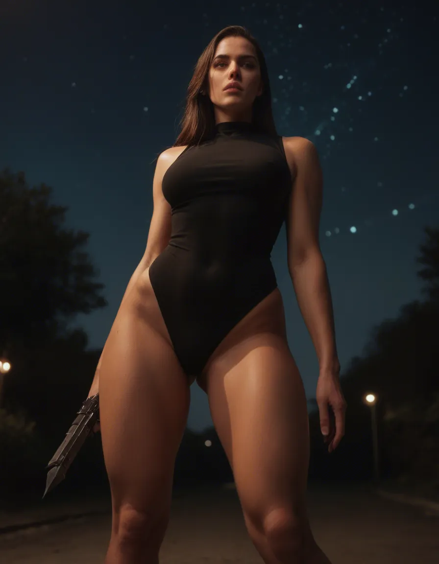 sharp focus, 8k uhd, 1woman, legs, sleeveless, futanari, night, from below, RAW photo_(object), score_9, score_8, candid photo, realistic skin texture, visible skin pores, film grain, depth of field