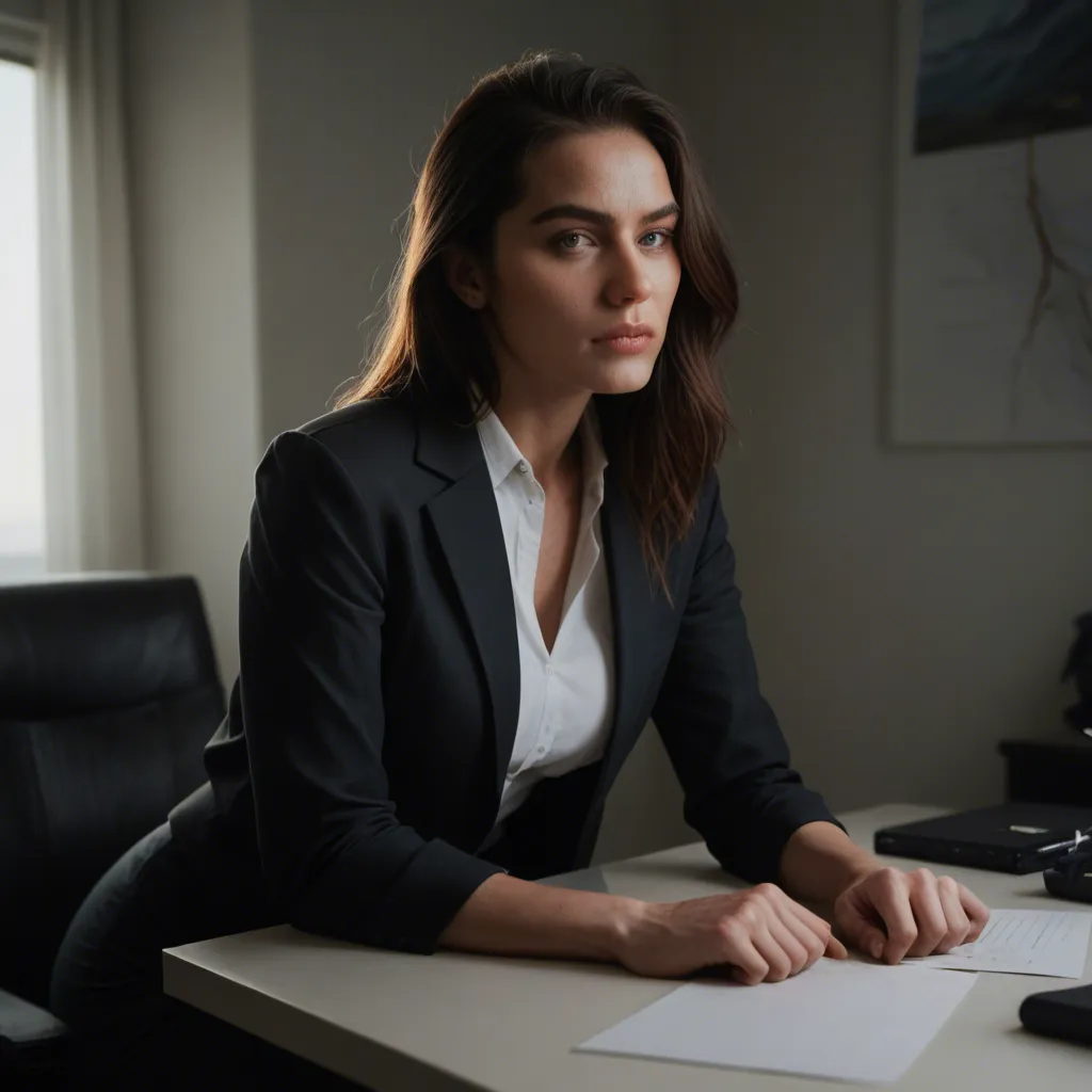 RAW photo, ultra realistic, office lady, weapon, presenting, backlit, natural skin texture