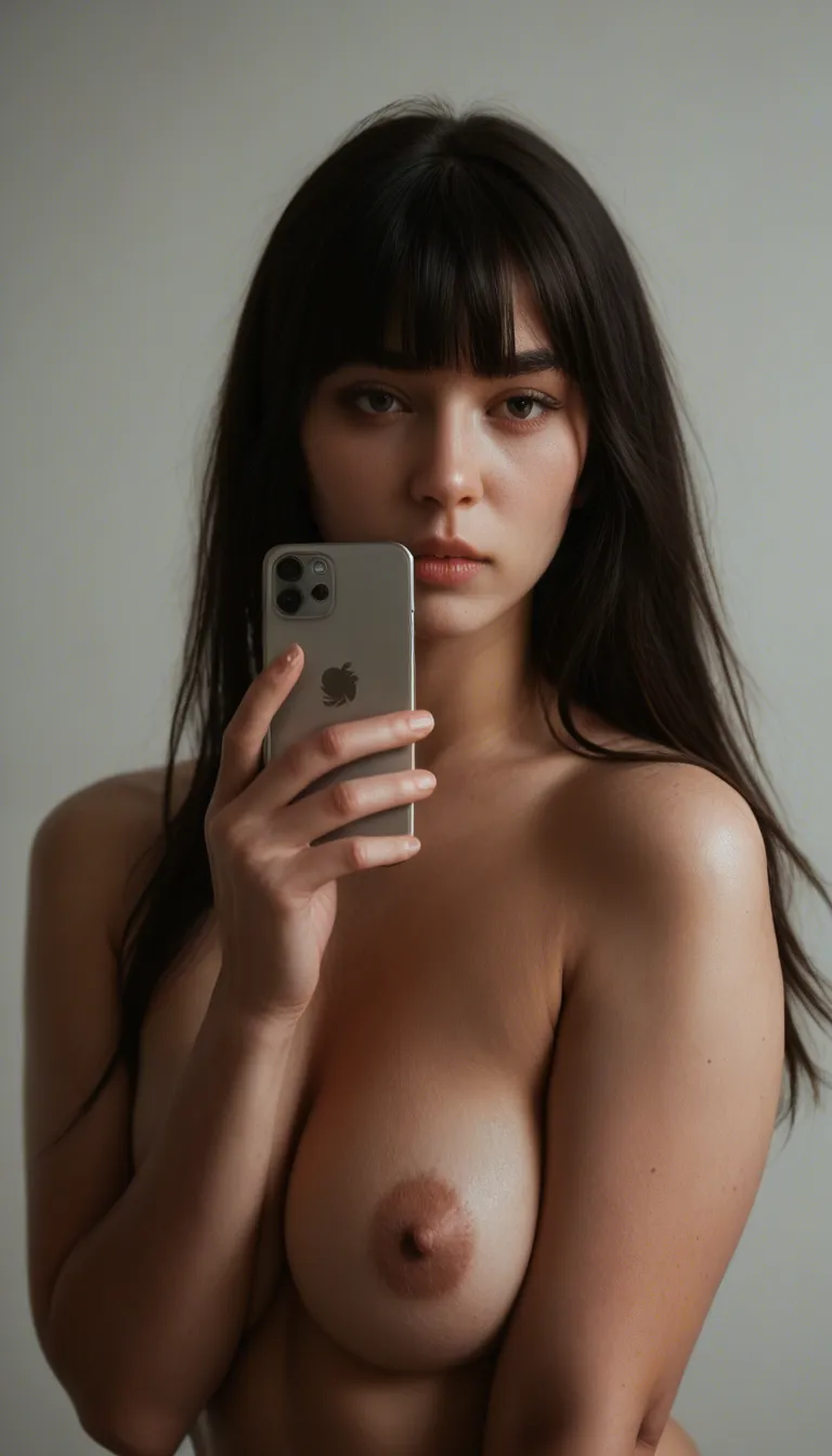 lifelike, long_hair, black_hair, blunt_bangs, plump, pale_skin, female_pubic_hair, solo_focus, bed, large_breasts, thick_thighs, blue_eyes, amateur photo, looking_at_viewer, wide-eyed, white_dress, dress_lift, empty_eyes,