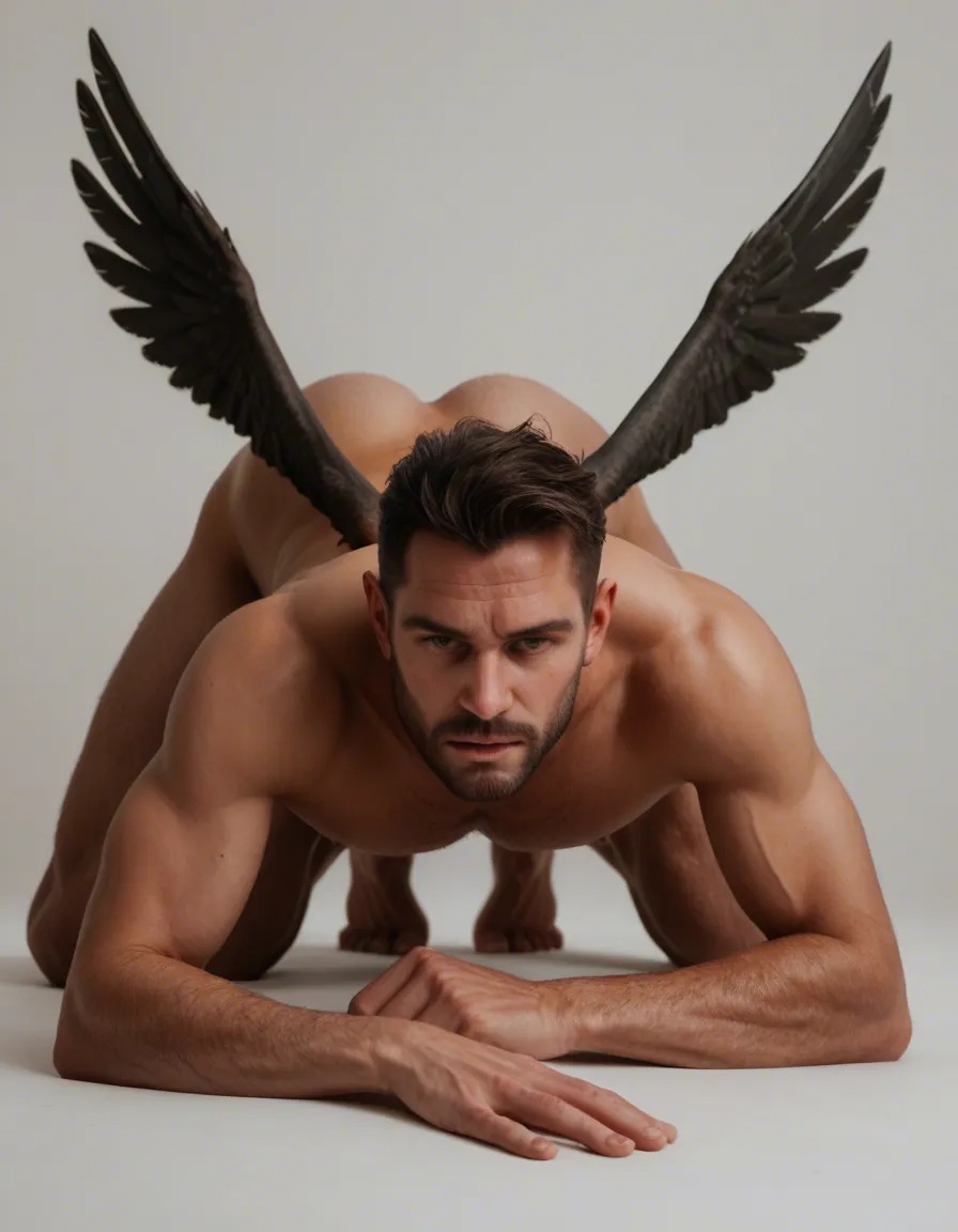 studio quality, sharp focus, male focus, feet, wings, doggy style, gradient background, over the shoulder, hyperrealistic, score_9, score_8, candid photo, realistic skin texture, visible skin pores, film grain, depth of field