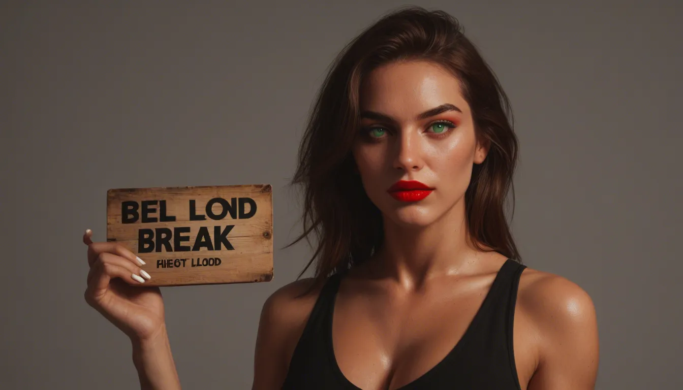 Portrait of a person with blond hair, striking green eyes, vibrant red lipstick, and neatly painted white nails, holding a clear sign that says "hi Lloyd" in friendly, bold lettering; soft, natural lighting enhances the facial features and colors, with a clean, simple background to keep focus on the subject and the sign bent over in a bikini, score_9, score_8, candid photo, realistic skin texture, visible skin pores, film grain, depth of field