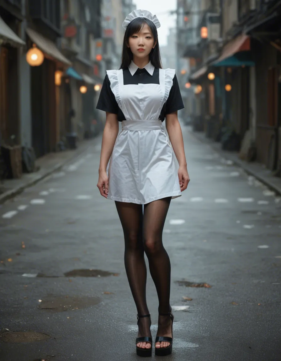 asian maid in pantyhose and wedge sandals, score_9, score_8, candid photo, realistic skin texture, visible skin pores, film grain, depth of field