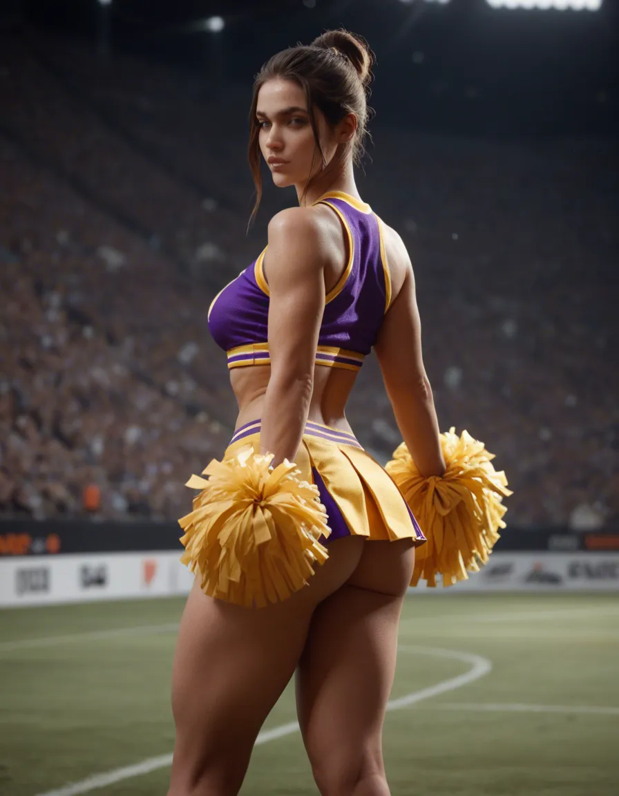 White girl in purple and gold cheerleader outfit with big ass, score_9, score_8, candid photo, realistic skin texture, visible skin pores, film grain, depth of field