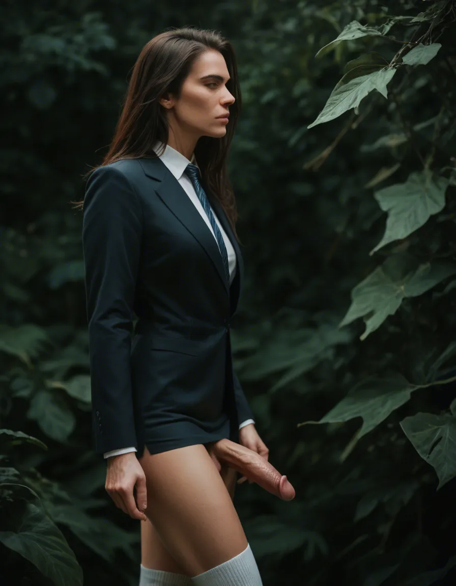 professional photo, high detail, brunette woman, socks, futanari, leaf, side view,, score_9, score_8, candid photo, realistic skin texture, visible skin pores, film grain, depth of field