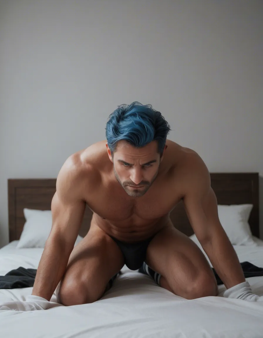 studio quality, sharp focus, 2boys, blue hair, socks, kneeling on bed, hyperrealistic, score_9, score_8, candid photo, realistic skin texture, visible skin pores, film grain, depth of field
