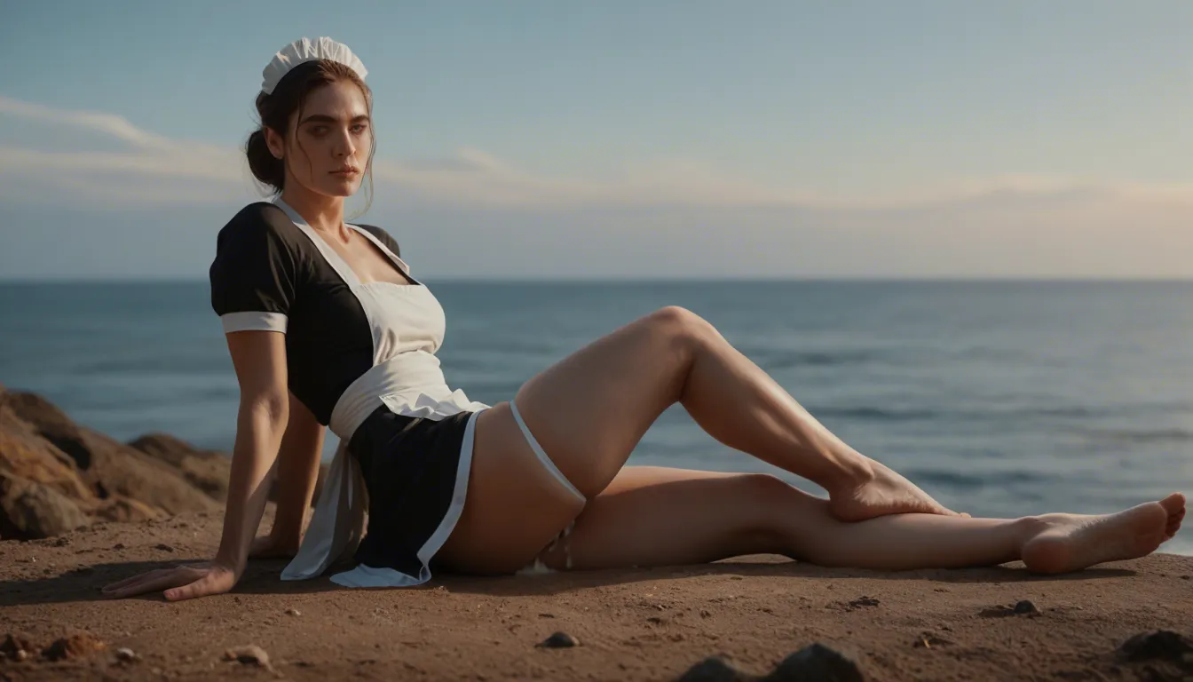 dslr, film grain, photorealistic, maid, skindentation, shirt, over the shoulder glance, creampie, sky, full body, cinematic realism