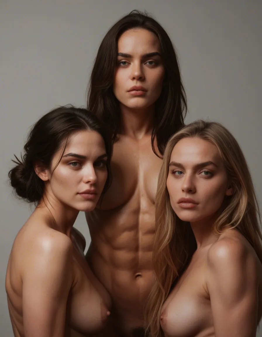 RAW photo, ultra realistic, over the shoulder, 3women, presenting, muscular, simple background, film photography, score_9, score_8, candid photo, realistic skin texture, visible skin pores, film grain, depth of field