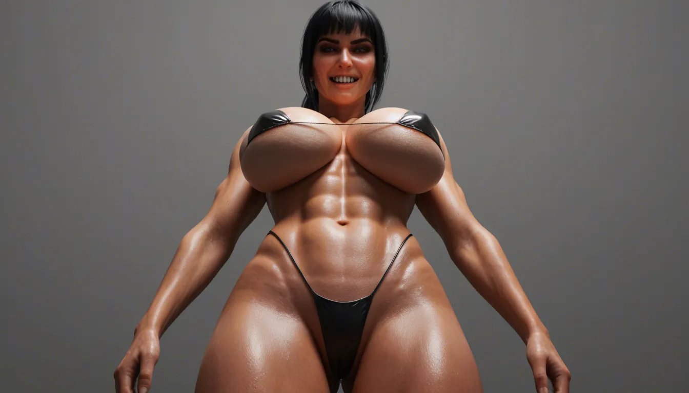 view 3d side below, busty athletic woman huge breasts fuck small weak man, shiny black micro bikini long black hair fringe hairstyle high ponytail vampire teeth evil smile almond red eyes, big blue shoulder tattoos blue arm tattoos, dark castle