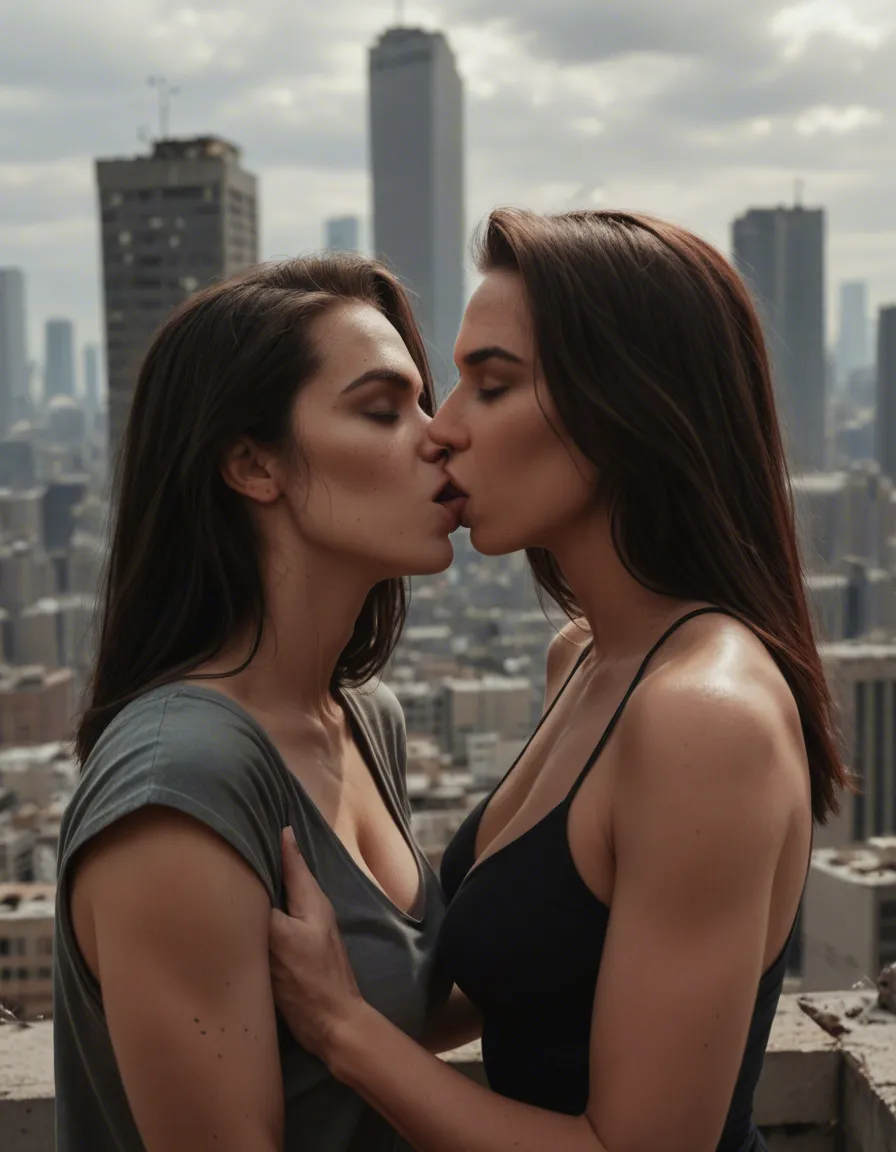 Two_Velociraptors, giantesses, kissing, city, destruction, score_9, score_8, candid photo, realistic skin texture, visible skin pores, film grain, depth of field