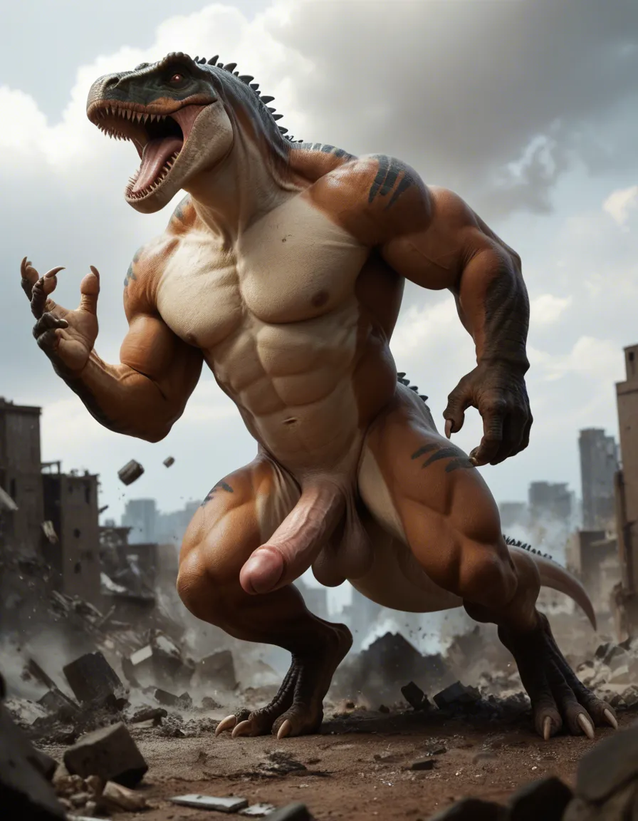 Furry male, giant, dinosaur, dad body, muscular, giant_penis, giant_testicles, roar, destruction,, score_9, score_8, candid photo, realistic skin texture, visible skin pores, film grain, depth of field, score_9, score_8, candid photo, realistic skin texture, visible skin pores, film grain, depth of field