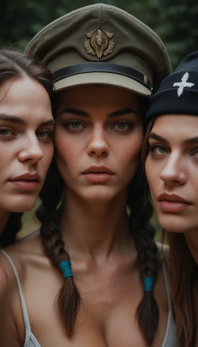 RAW photo, ultra realistic, 4women, twin braids, hat, orgasm, dslr quality