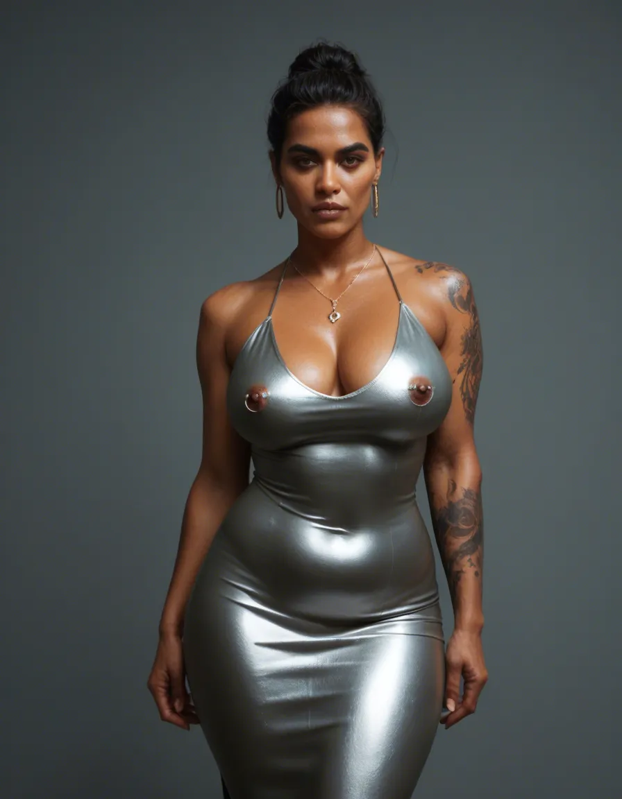 Thick milf latina, a little chubby, dark hair dark eyes, pierced nipples, tattoos, tight dress, score_9, score_8, candid photo, realistic skin texture, visible skin pores, film grain, depth of field
