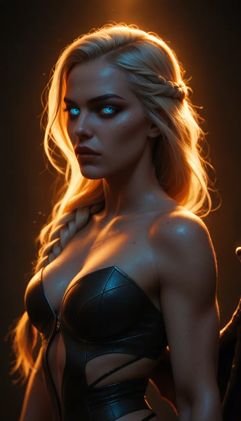 8k, sharp focus, detailed skin, insanely beautiful demon girl, demon tail and bat wings, glowing blonde hair, elaborated braided long hair, glowing blue eyes, very pale skin, feminine facial features, gothic makeup, leather black pencil skirt, topless, perfect breast, very seductive nice smile, depth of field, wide shot, dslr quality, as camera zoom out she pulls down her skirt with very sexy attitude to ends fully nude,