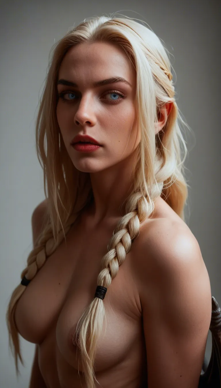 8k, sharp focus, detailed skin, insanely beautiful demon girl, demon tail and bat wings, glowing blonde hair, elaborated braided long hair, glowing blue eyes, very pale skin, feminine facial features, gothic makeup, leather black pencil skirt, topless, perfect breast, very seductive nice smile, depth of field, wide shot, dslr quality, as camera zoom out she pulls down her skirt with very sexy attitude to ends fully nude,