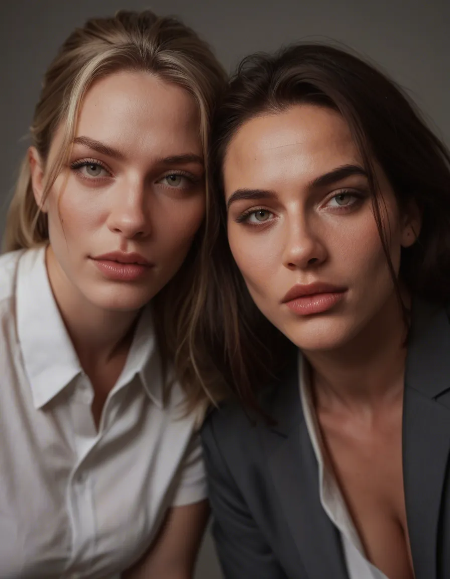 professional photo, high detail, dutch angle, 2women, bent over, lips, simple background, studio photo, score_9, score_8, candid photo, realistic skin texture, visible skin pores, film grain, depth of field