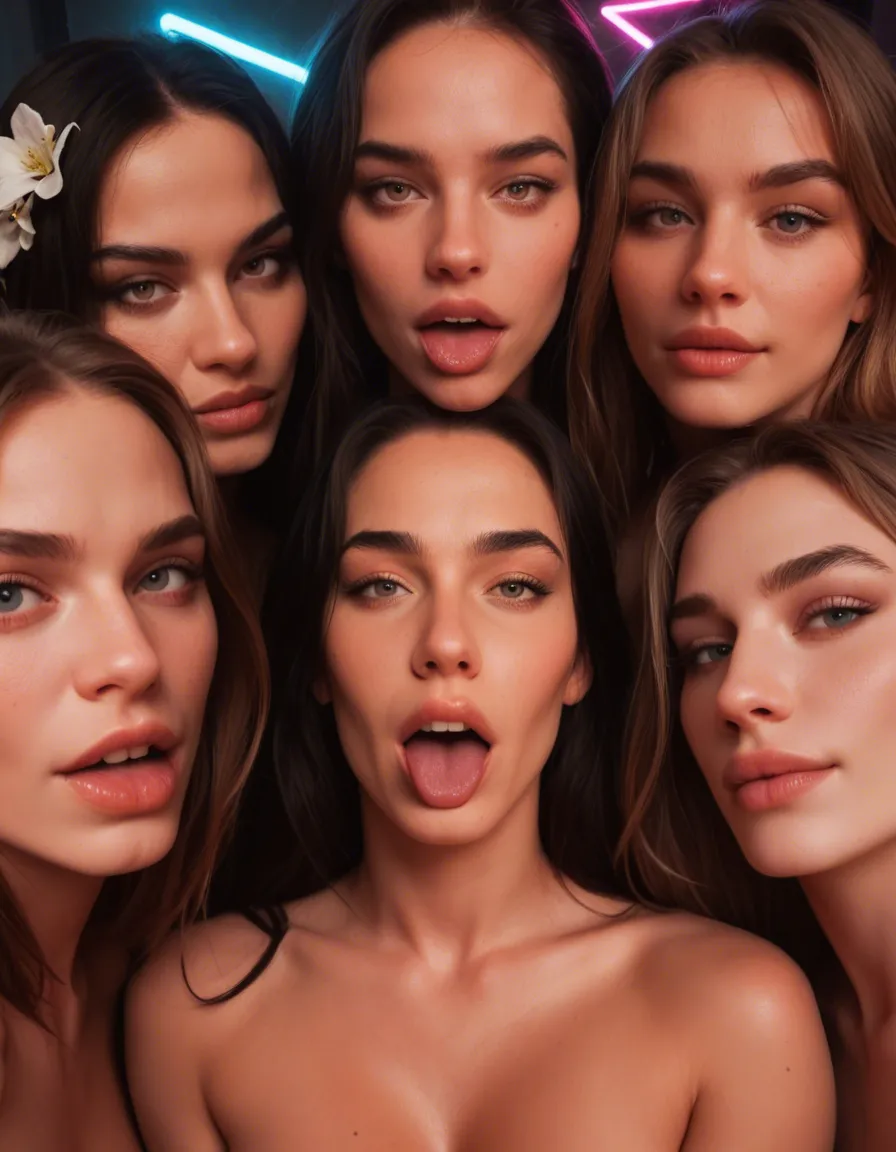 studio quality, sharp focus, 5women, light-skinned female, flower, selfie pose, ahegao, close-up, neon glow, RAW photo naked, score_9, score_8, candid photo, realistic skin texture, visible skin pores, film grain, depth of field