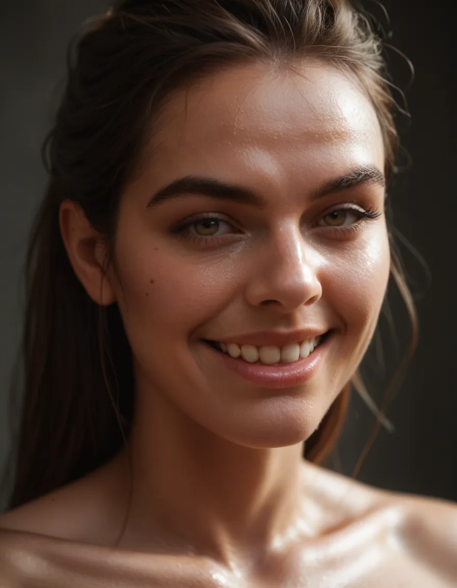 8k, sharp focus, detailed skin, princess, presenting, shiny skin, depth of field, teasing grin, studio photo, score_9, score_8, candid photo, realistic skin texture, visible skin pores, film grain, depth of field