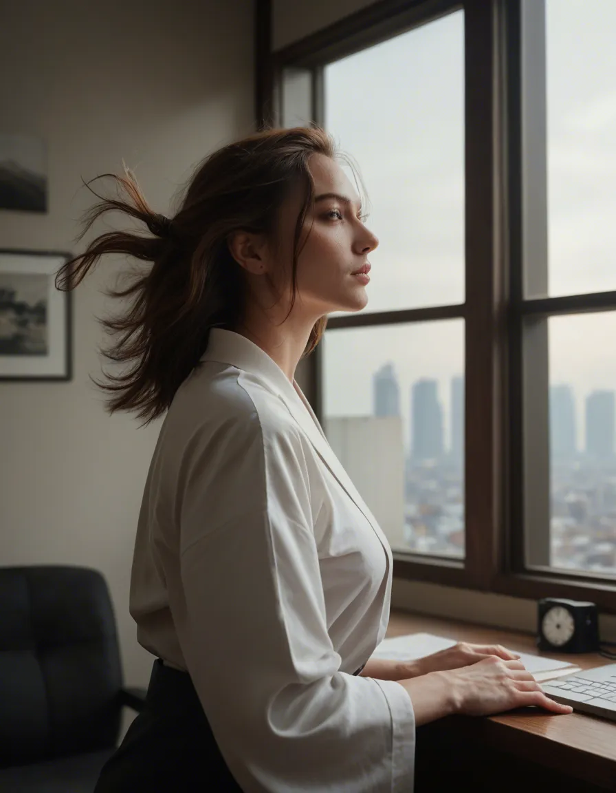 ultra HD, lifelike, office lady, floating hair, japanese clothes, presenting, window light, dslr quality, score_9, score_8, candid photo, realistic skin texture, visible skin pores, film grain, depth of field