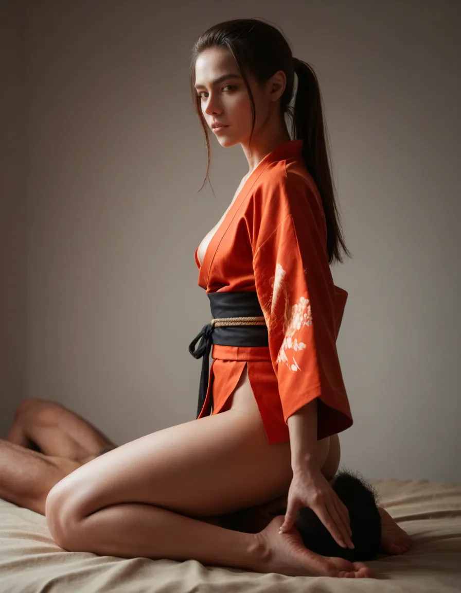 sharp focus, 8k uhd, succubus, ponytail, japanese clothes, facesitting, golden hour, photorealistic, score_9, score_8, candid photo, realistic skin texture, visible skin pores, film grain, depth of field