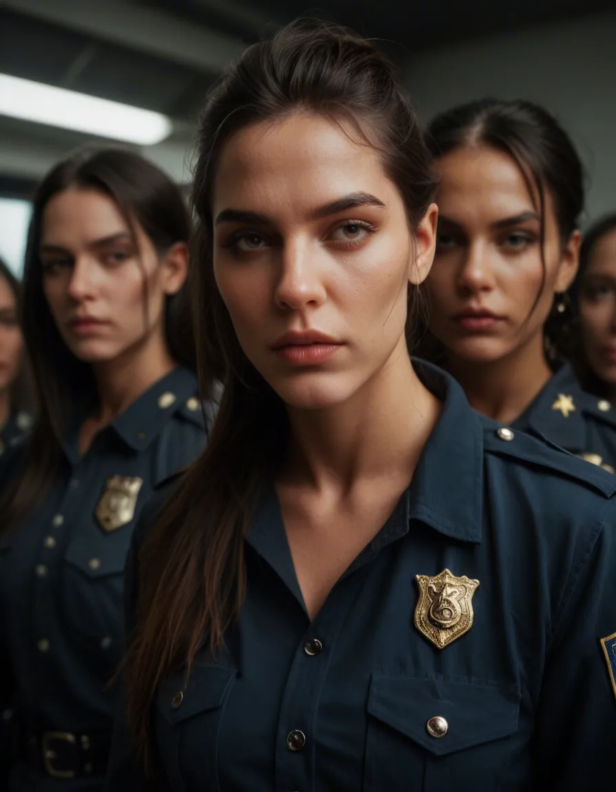 RAW photo, ultra realistic, 5women, fully nudes, mixed bodies, mixed hairstyles, stand side-by-side on police identity parade, score_9, score_8, candid photo, realistic skin texture, visible skin pores, film grain, depth of field