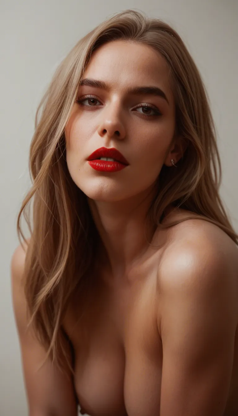 the young woman with long light brown hair and bangs, fair skin, dark eyes, septum and lip piercings, glossy red lips, on her knees giving oral sex, her mouth wrapped around the shiny pink head of a hard medium-length cock with visible veins and dense dark pubic hair, saliva glistening, looking up at the camera with half-lidded eyes, detailed facial piercings visible, soft purple bedroom lighting, constellation wall in background, ultra detailed, realistic skin and wet textures, score_9, score_8, candid photo, realistic skin texture, visible skin pores, film grain, depth of field