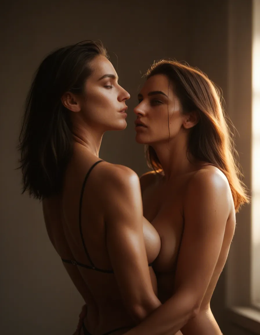 highly detailed, natural lighting, 2women, futanari, bare shoulders, intense passion, natural skin texture, score_9, score_8, candid photo, realistic skin texture, visible skin pores, film grain, depth of field